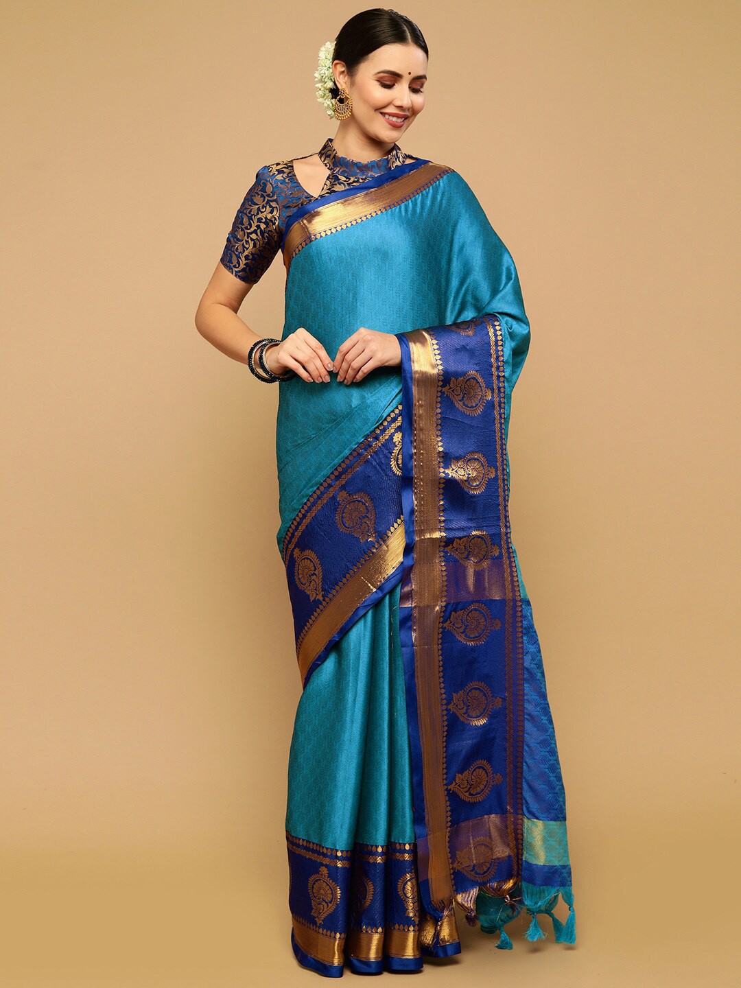 

Satrani Blue & Gold-Toned Woven Design Zari Silk Cotton Saree