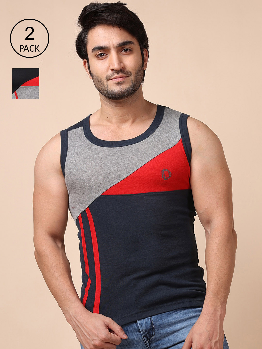

Dollar Bigboss Men Pack Of 2 Assorted Pure Cotton Innerwear Vests, Navy blue