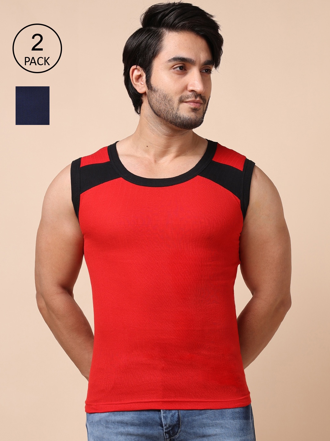 

Dollar Bigboss Men Pack Of 2 Red & Blue Assorted Innerwear Vests