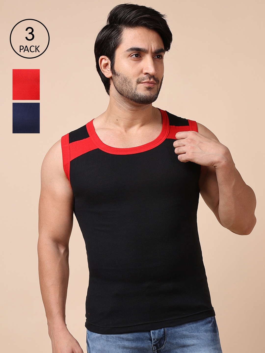 

Dollar Bigboss Men Pack Of 3 Assorted Solid Innerwear Vests, Red