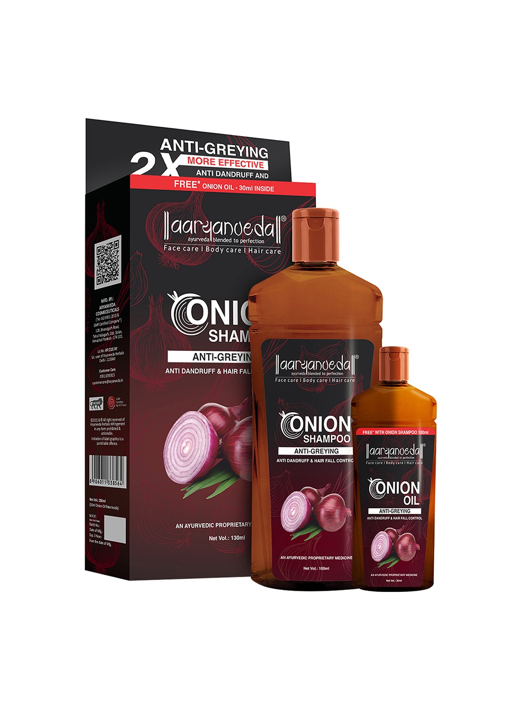 

Aryanveda Black Seed Oil Shampoo for Grey Hair 100ml & Red Onion Oil for Dandruff 30ml