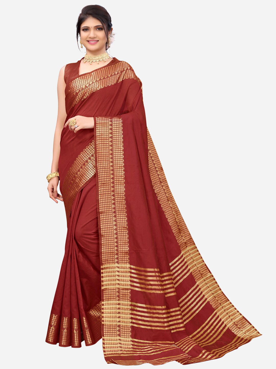 

SIRIL Rust & Gold-Toned Woven Design Zari Saree