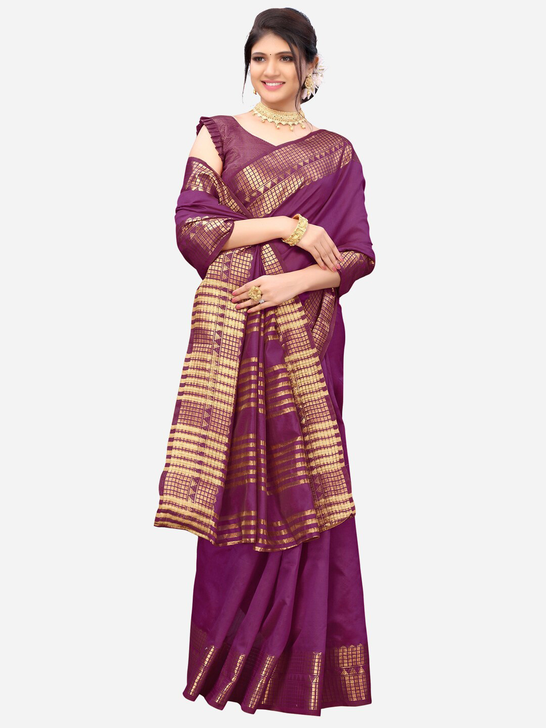 

SIRIL Purple & Gold-Toned Woven Design Zari Saree