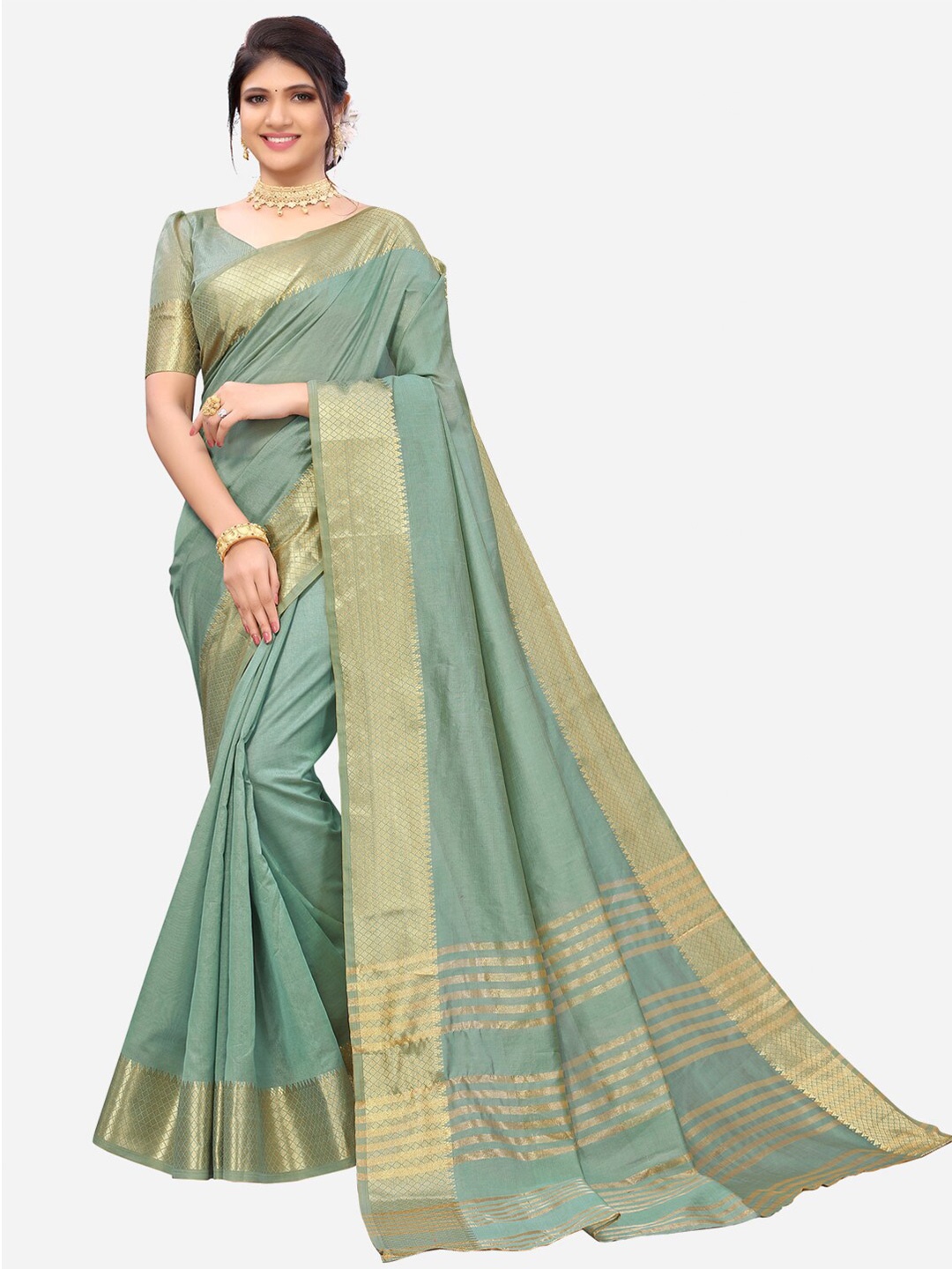 

SIRIL Green & Gold-Toned Woven Design Zari Saree