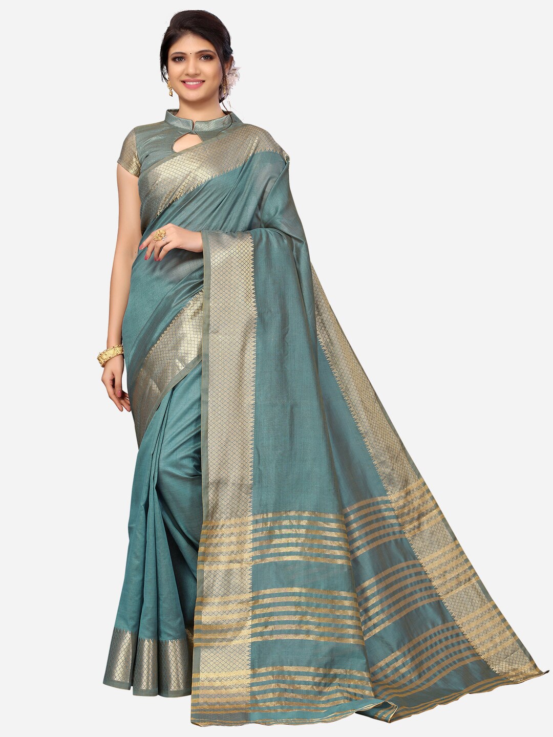 

SIRIL Blue & Gold-Toned Woven Design Zari Saree