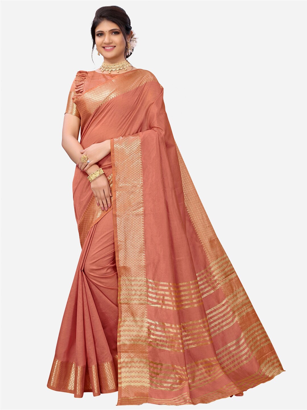 

SIRIL Coral & Gold-Toned Woven Design Zari Saree