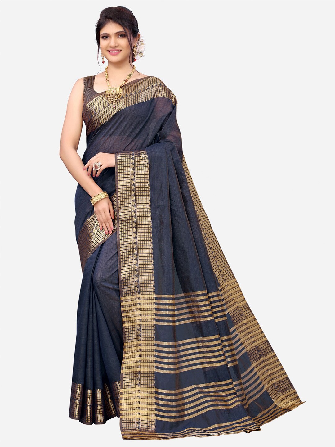 

SIRIL Blue & Gold-Toned Zari Saree