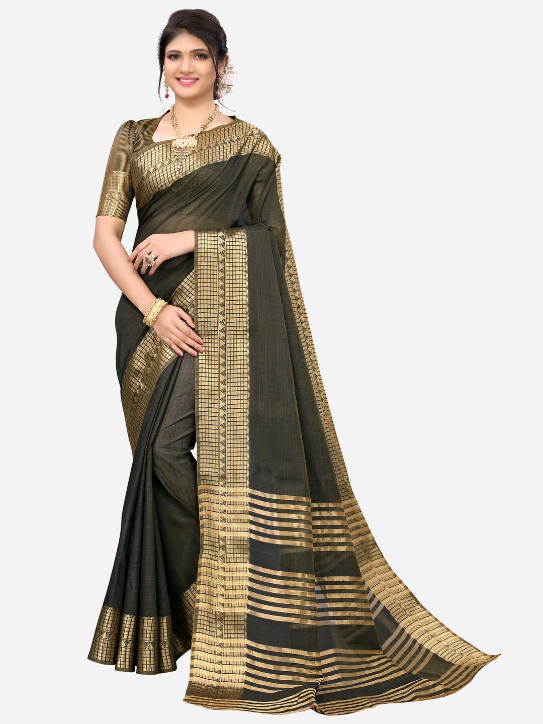 

SIRIL Green & Gold-Toned Woven Design Zari Saree