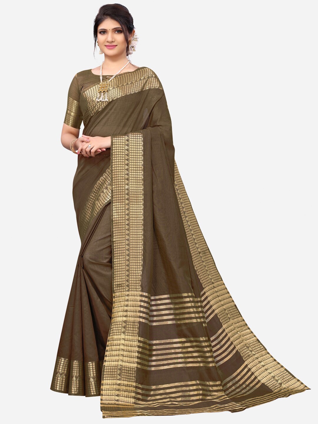 

SIRIL Brown & Gold-Toned Woven Design Zari Saree