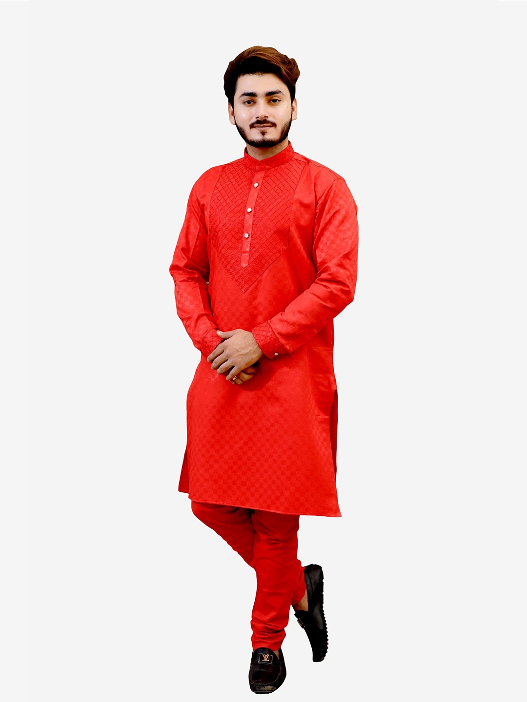 

Tibra Collection Men Red Yoke Design Thread Work Pure Cotton Kurta with Churidar