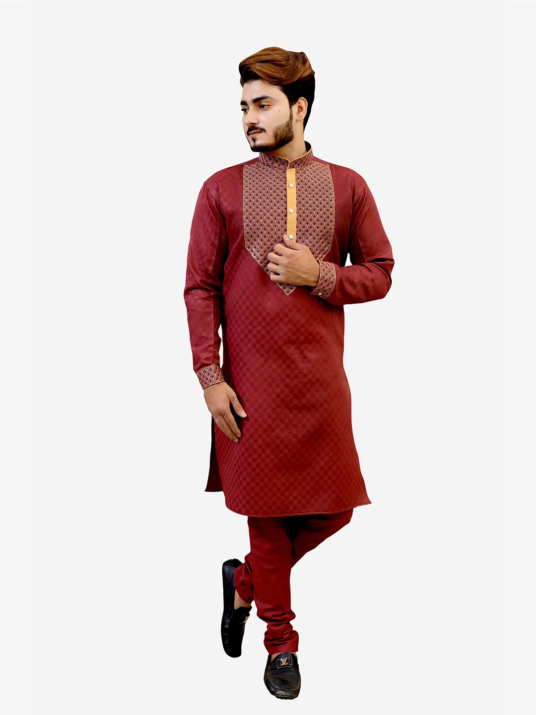 

Tibra Collection Men Maroon Yoke Design Thread Work Pure Cotton Kurta with Churidar