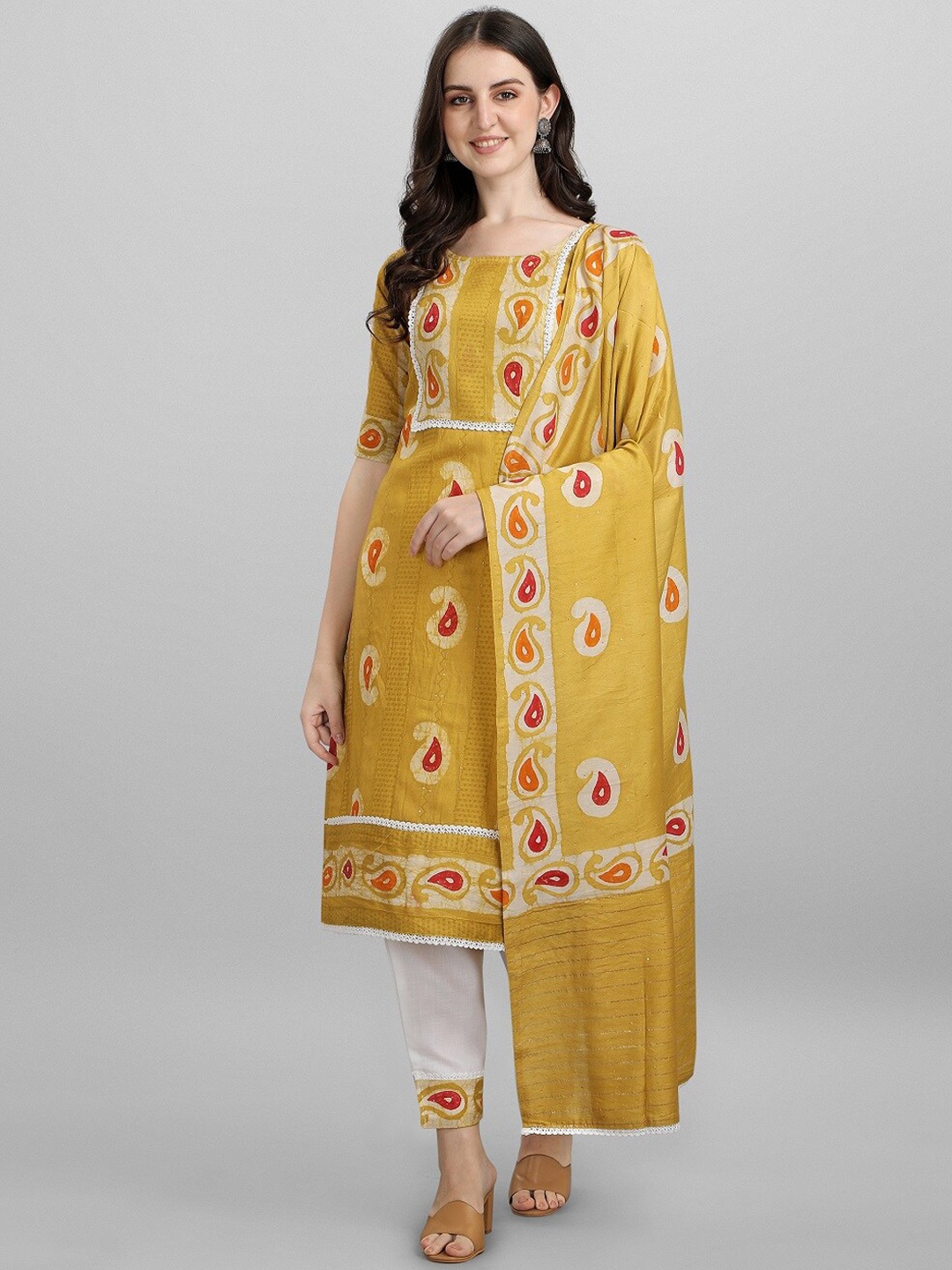 

Fashion Booms Women Mustard Yellow Paisley Printed Kurta with Trousers & With Dupatta