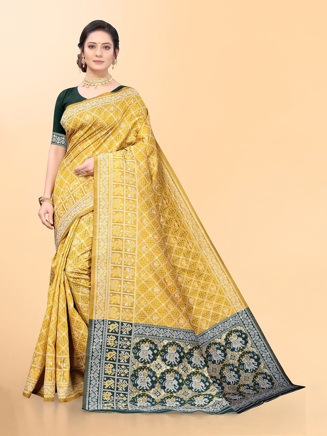 

Mitera Mustard & Green Woven Design Zari Organza Banarasi Saree