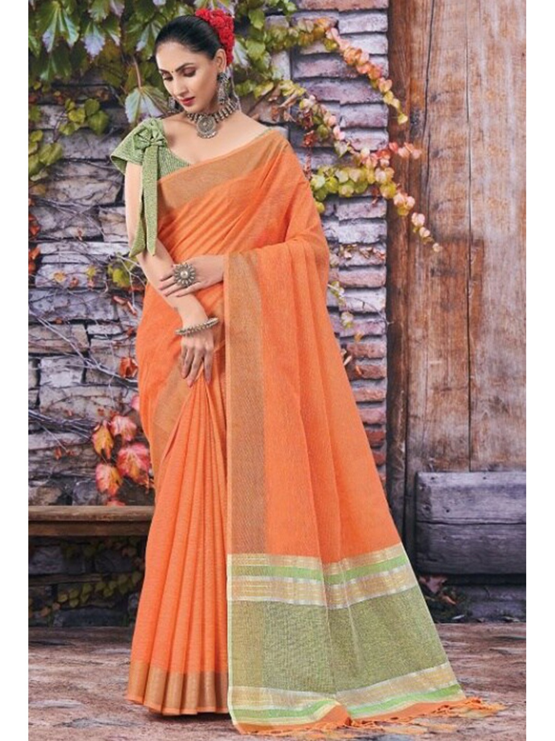 

KARAGIRI Orange & Green Linen Blend Saree