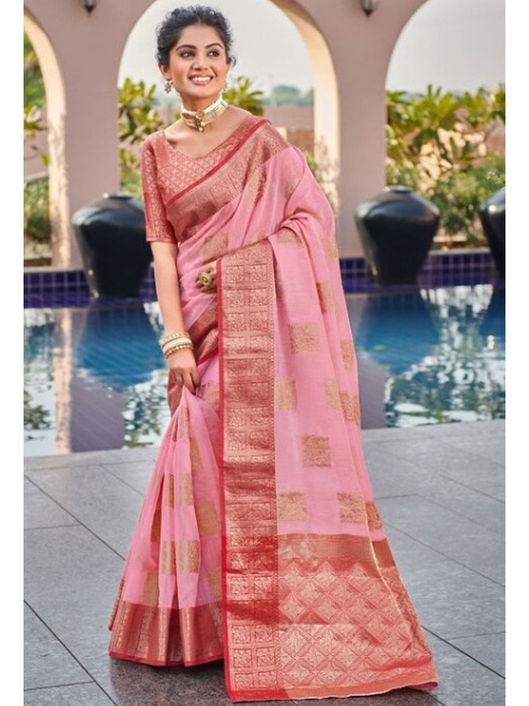 

KARAGIRI Women Pink & Red Woven Design Zari Linen Blend Saree with Blouse piece
