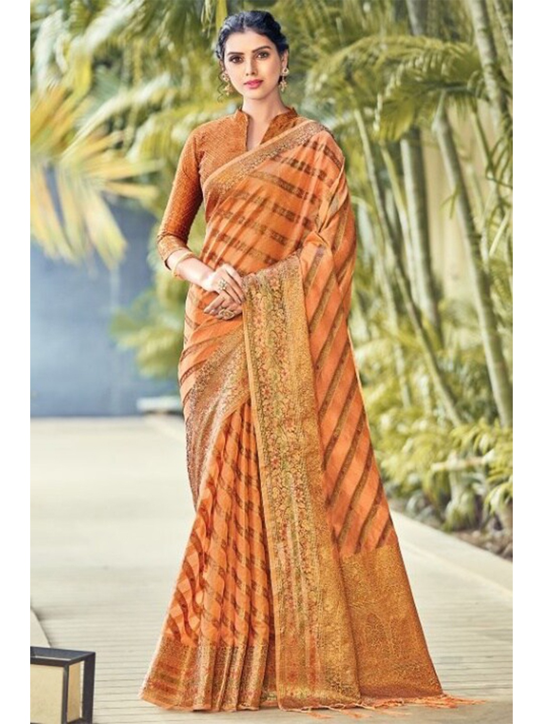 

KARAGIRI Orange & Gold-Toned Woven Design Zari Organza Saree