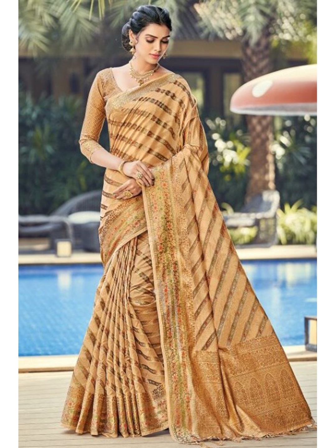 

KARAGIRI Brown & Red Striped Zari Organza Saree
