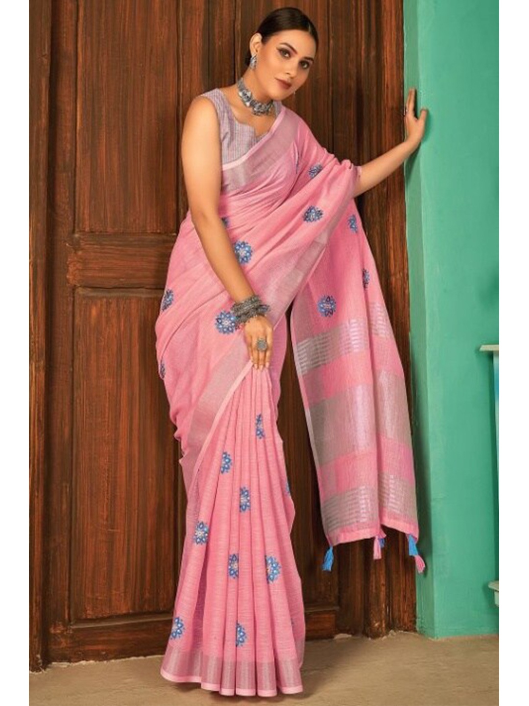 

KARAGIRI Pink & Blue Floral Zari Linen Blend Saree