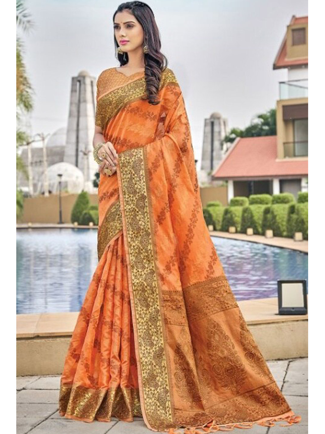 

KARAGIRI Orange & Gold-Toned Woven Design Zari Organza Saree