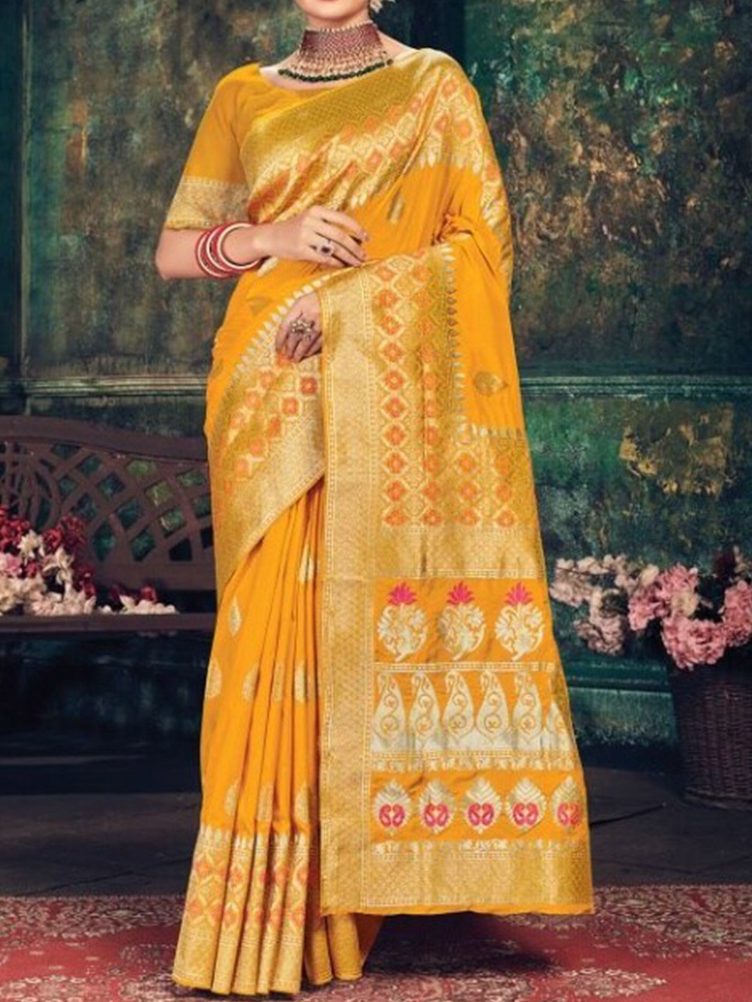 

KARAGIRI Women Yellow & Orange Woven Design Zari Silk Blend Banarasi Saree