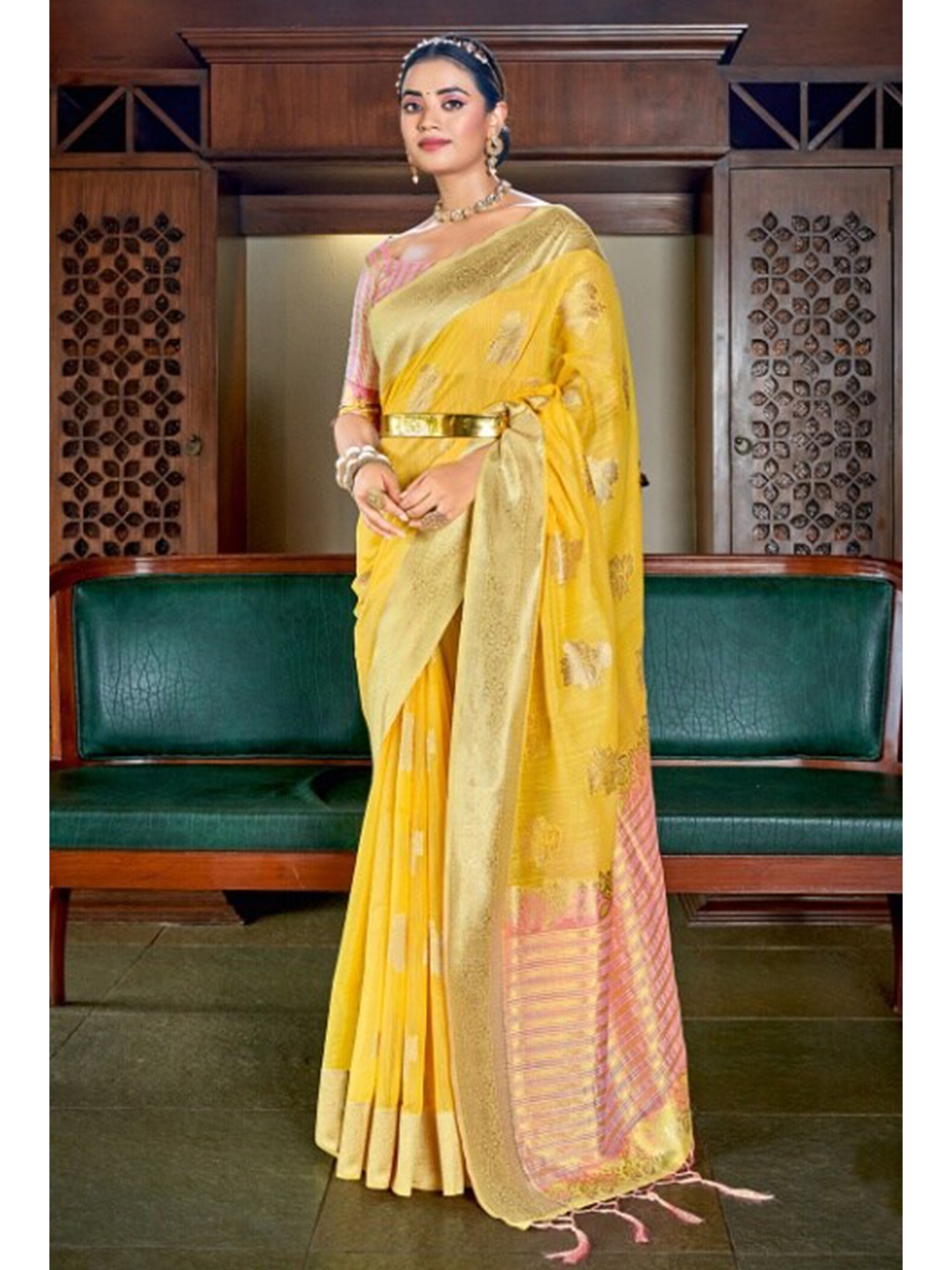 

KARAGIRI Women Yellow & Pink Floral Zari Saree with Blouse piece