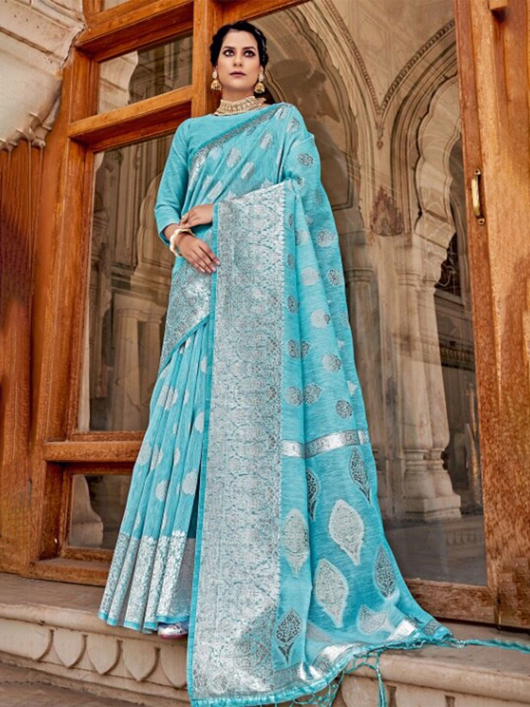 

KARAGIRI Turquoise Blue Ethnic Motifs Zari Linen Blend Saree