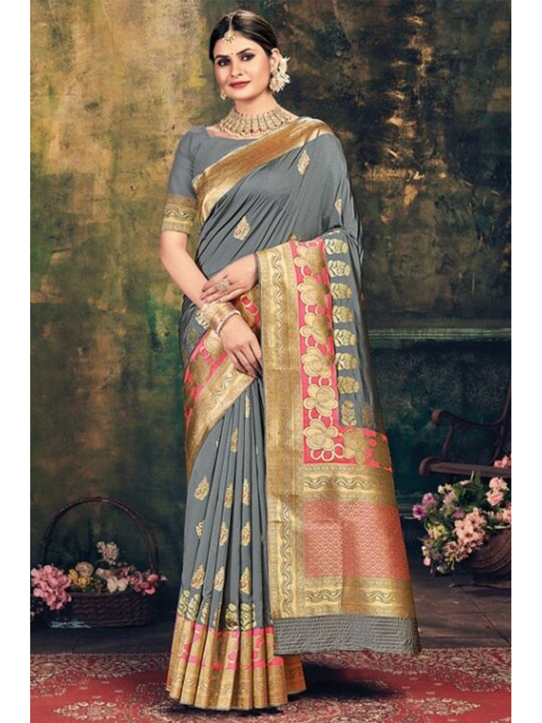 

KARAGIRI Grey & Pink Floral Zari Silk Blend Banarasi Saree