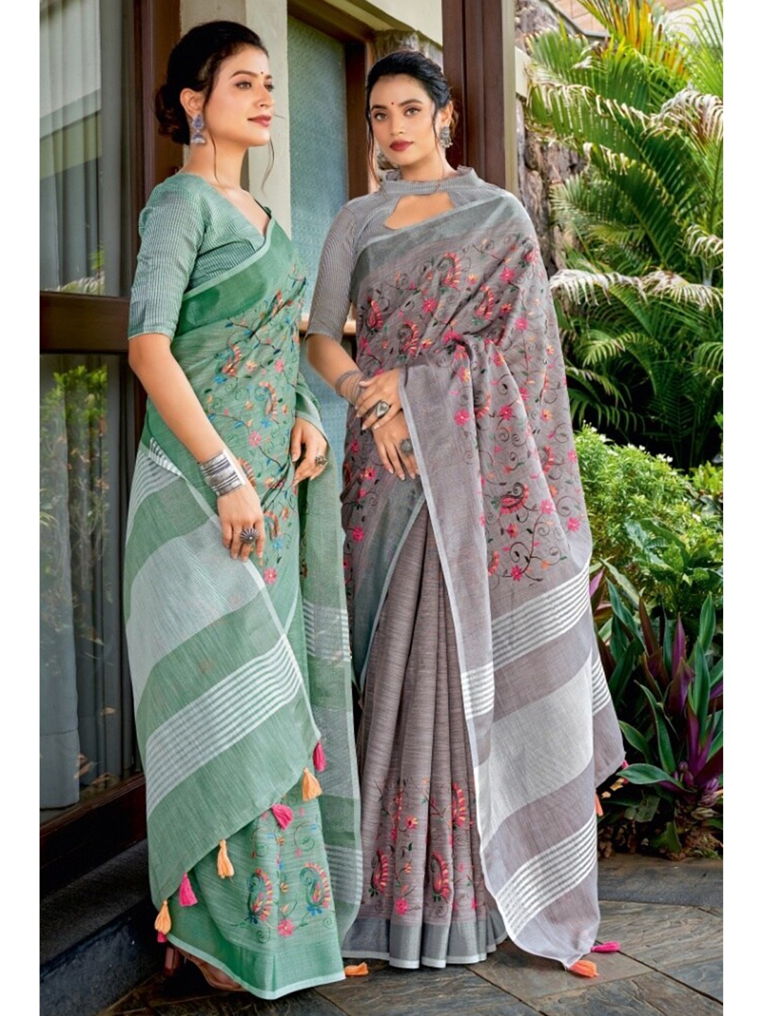 

KARAGIRI Teal & Pink Floral Zari Linen Blend Saree