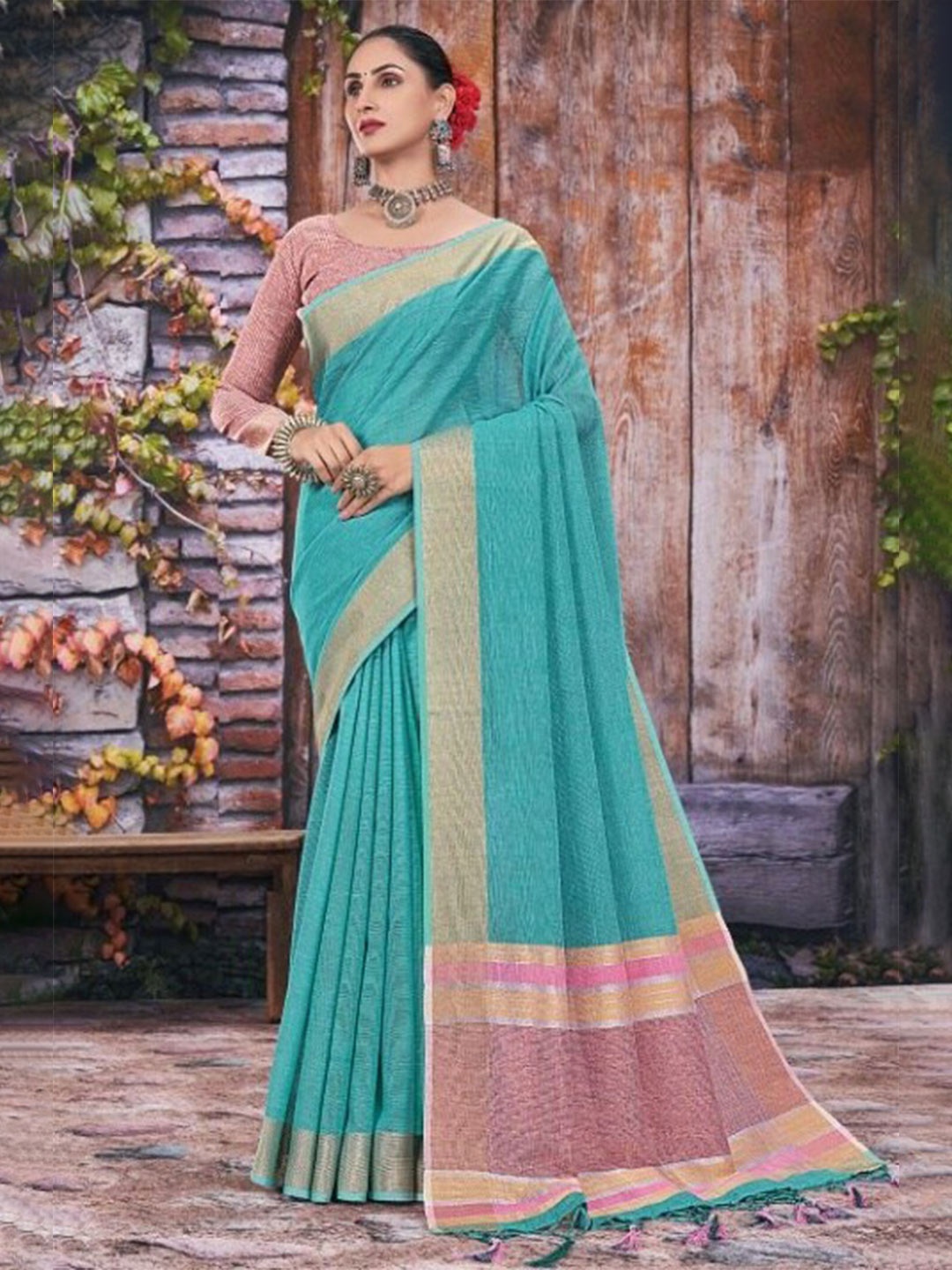 

KARAGIRI Women Blue & Pink Woven Design Zari Linen Blend Saree