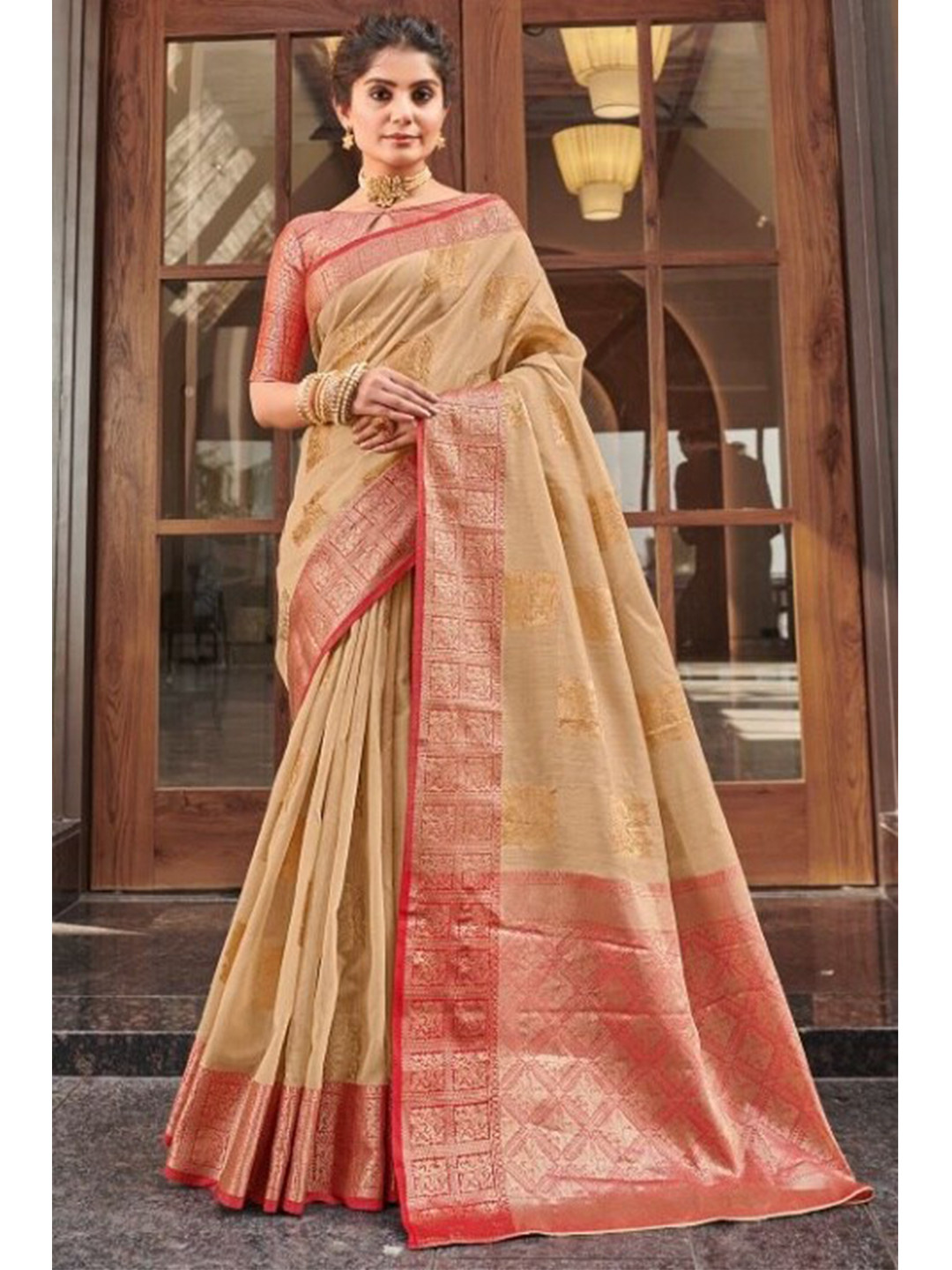 

KARAGIRI Beige & Pink Woven Design Zari Linen Blend Saree