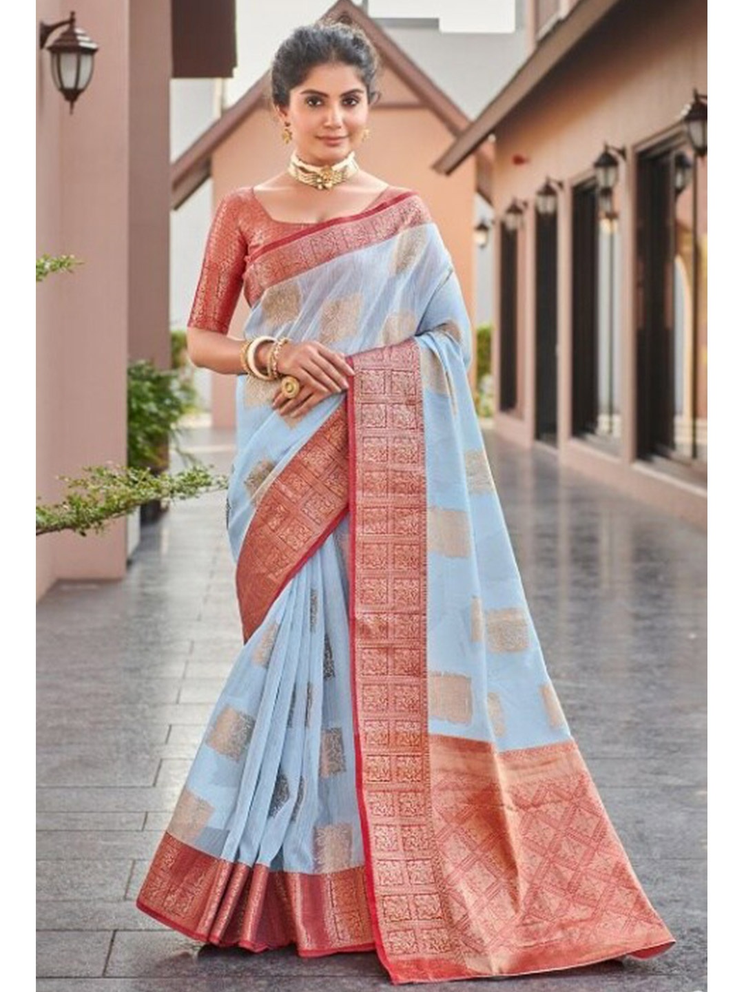 

KARAGIRI Blue & Red Woven Design Zari Linen Blend Saree