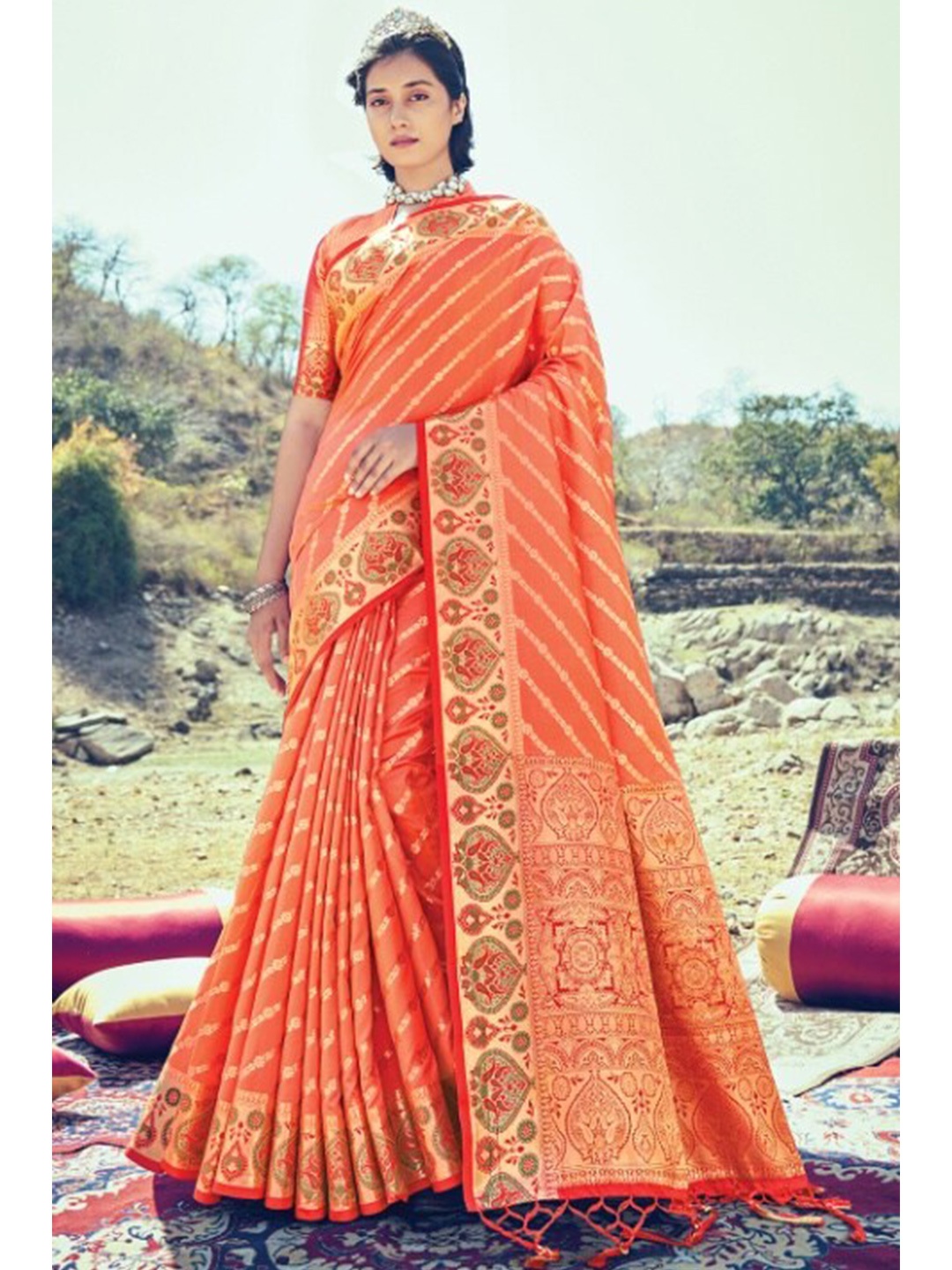 

KARAGIRI Orange & Gold-Toned Woven Design Zari Silk Blend Banarasi Saree