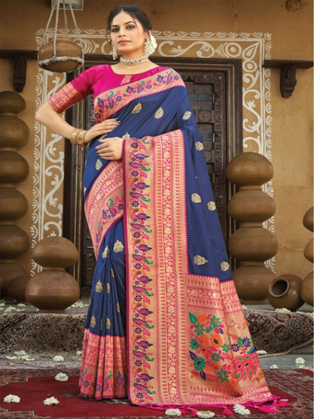 

KARAGIRI Blue & Pink Woven Design Zari Silk Blend Paithani Saree