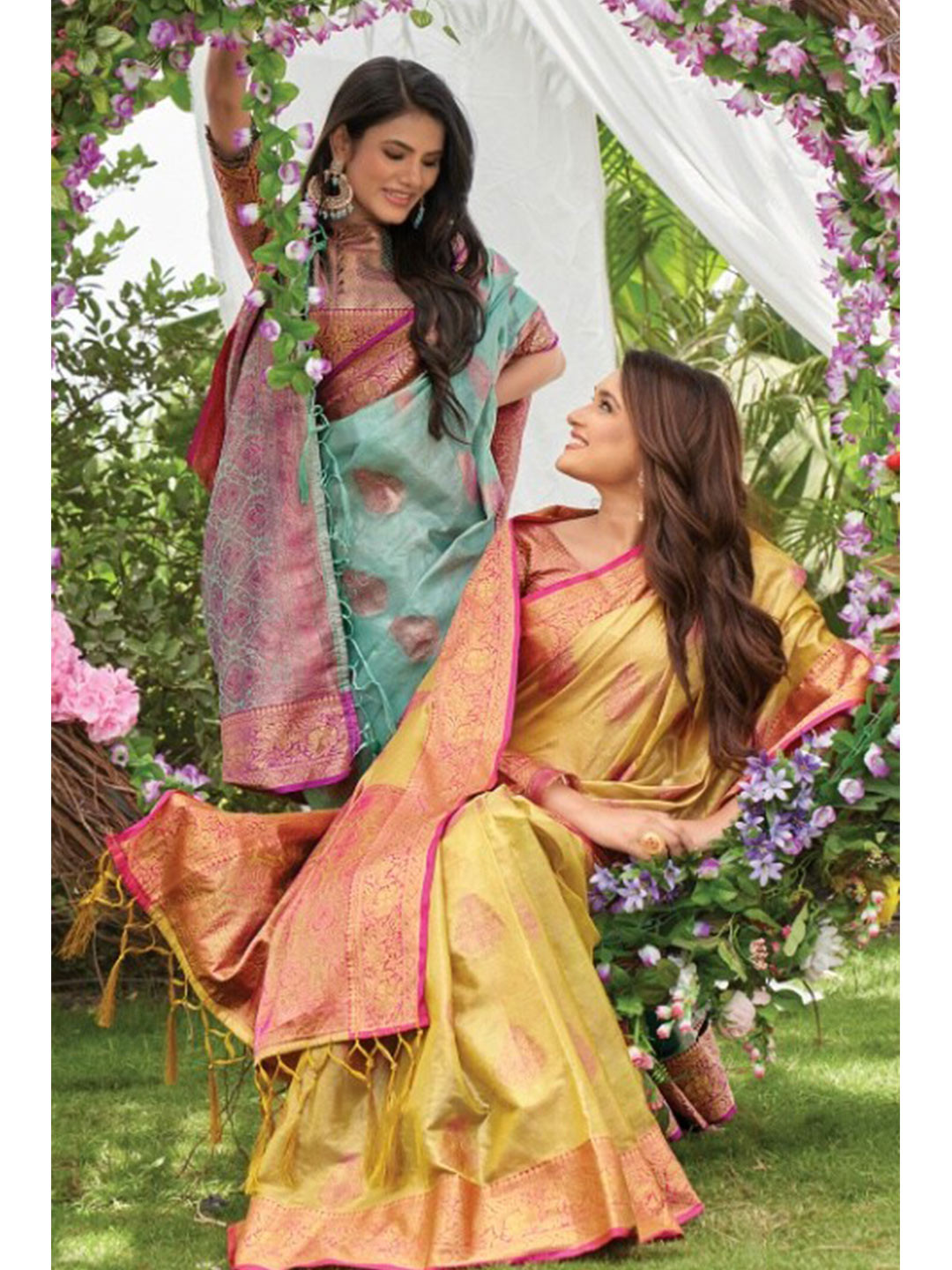 

KARAGIRI Yellow & Pink Woven Design Zari Organza Saree
