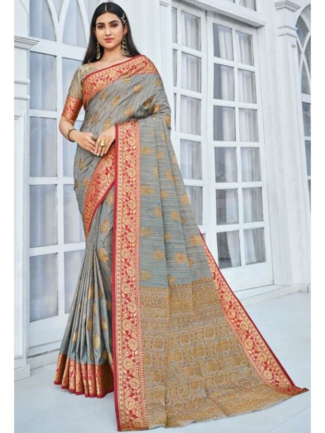 

KARAGIRI Grey & Red Woven Design Zari Saree