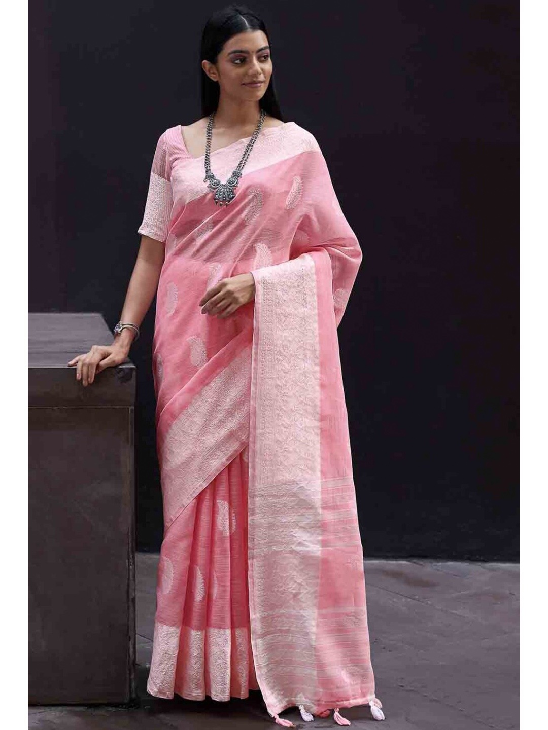 

KARAGIRI Pink & White Woven Design Zari Linen Blend Saree