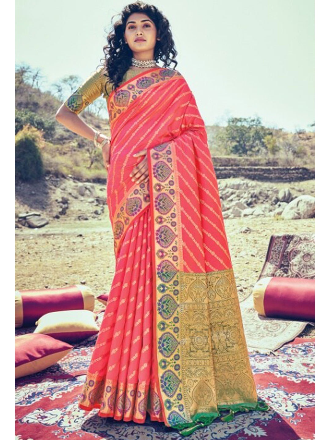 

KARAGIRI Pink & Blue Ethnic Motifs Zari Silk Blend Banarasi Saree