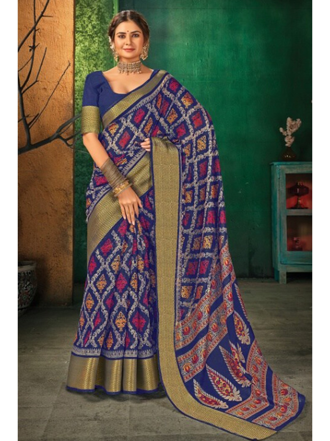 

KARAGIRI Blue & Gold-Toned Ethnic Motifs Zari Saree