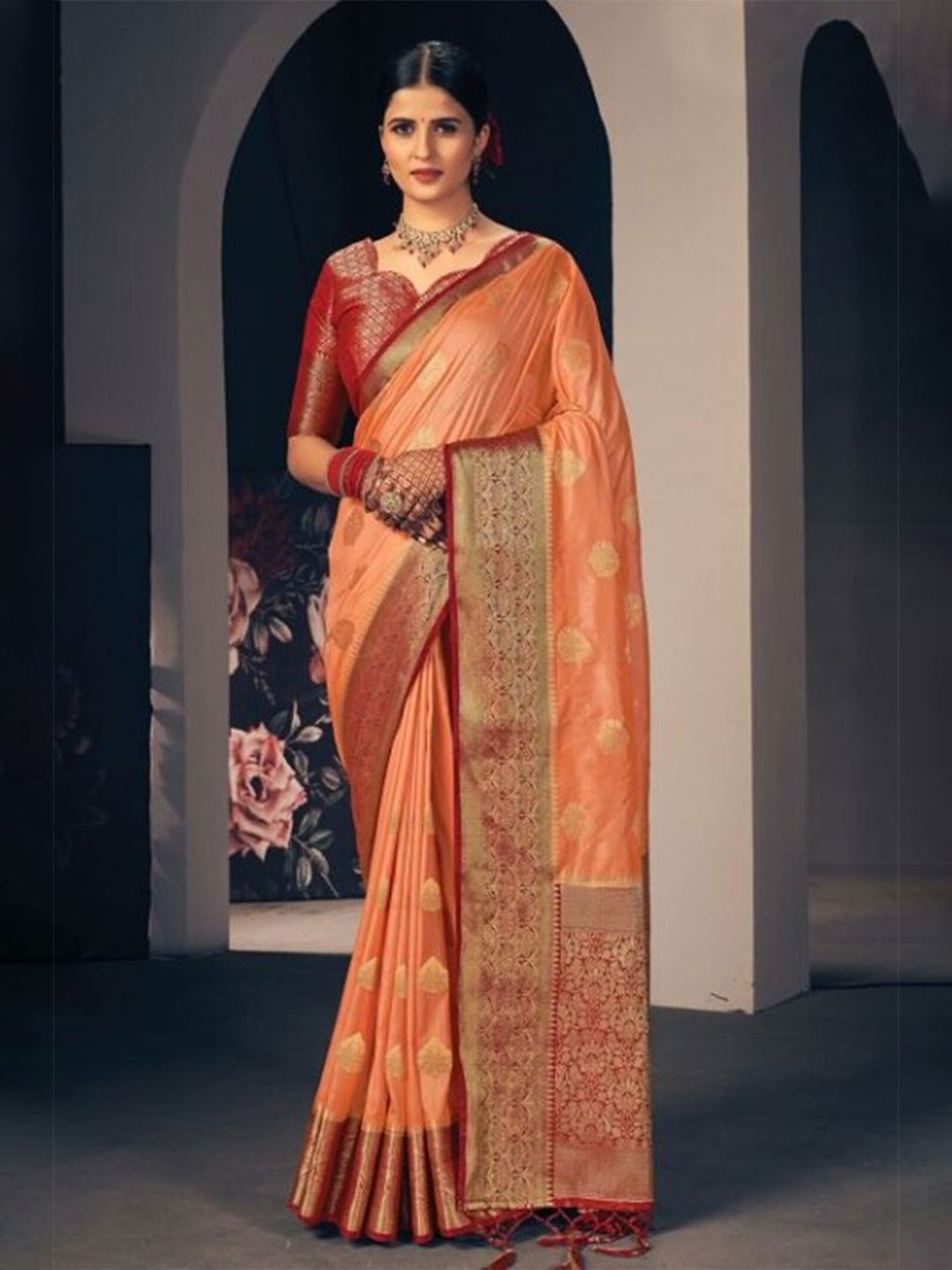 

KARAGIRI Orange & Gold-Toned Woven Design Zari Silk Blend Saree