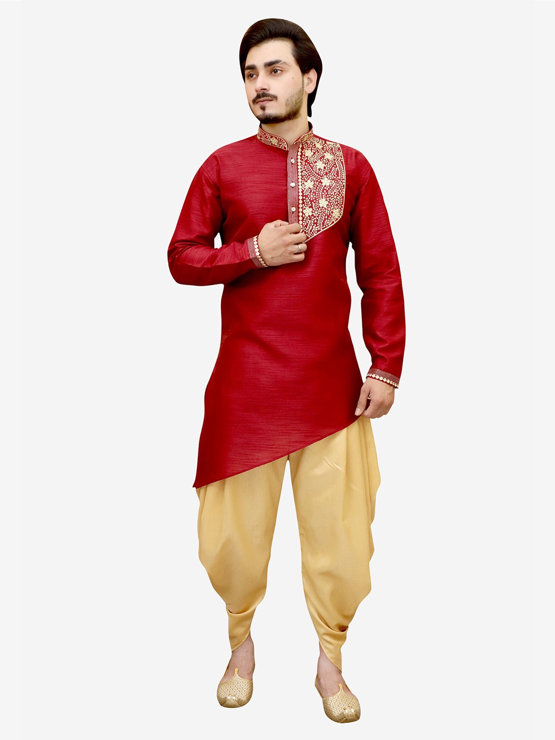 

Tibra Collection Men Maroon Floral Embroidered Dupion Silk Kurta with Dhoti Pants