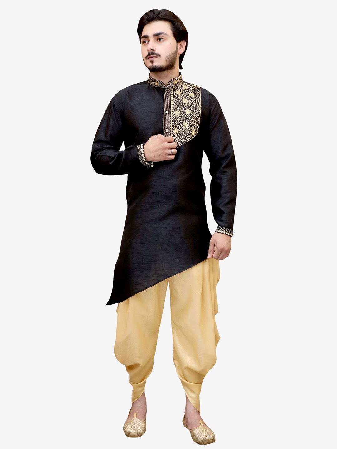

Tibra Collection Men Black Floral Embroidered Thread Work Dupion Silk Kurta with Dhoti Pants