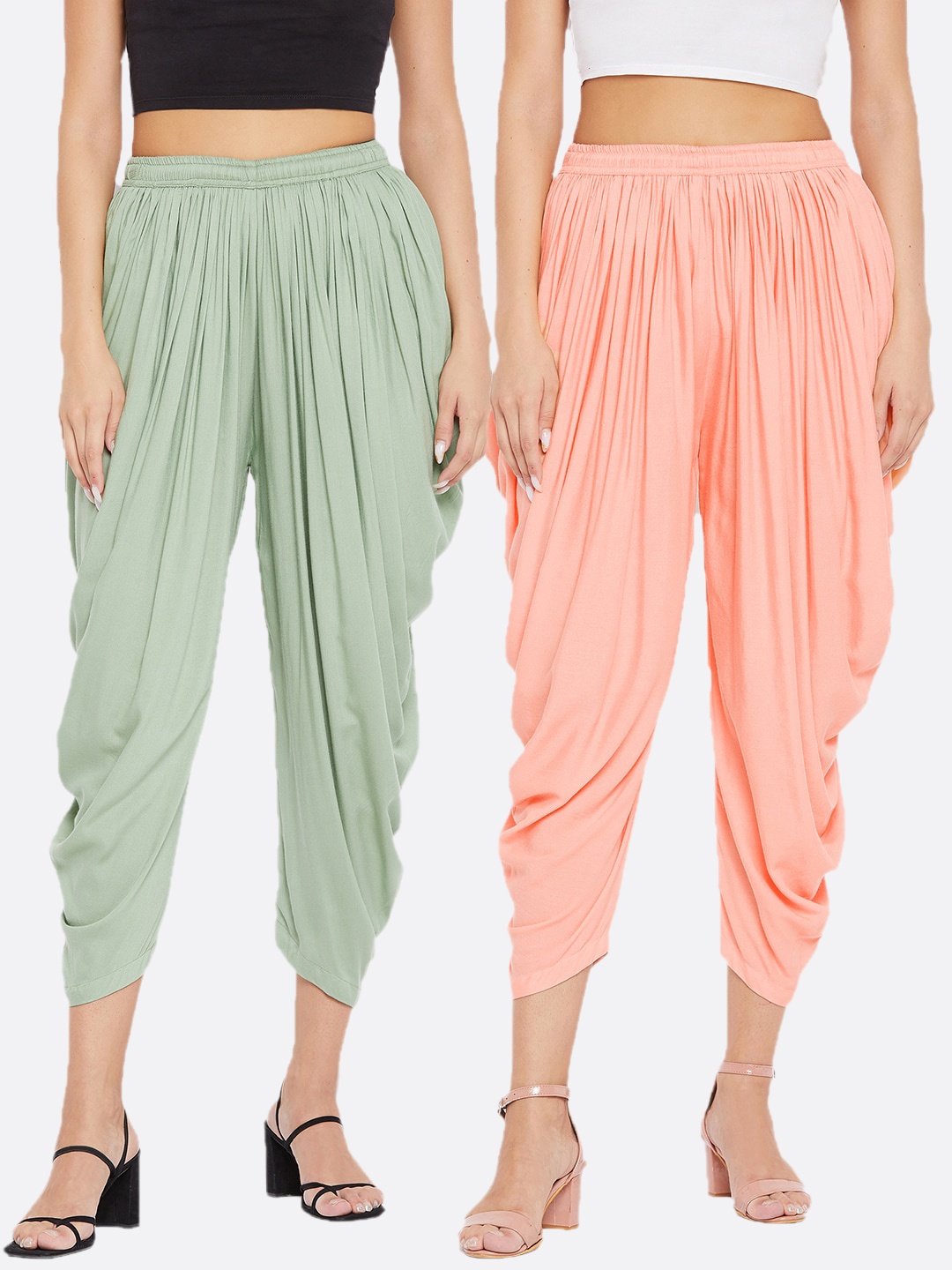 

Clora Creation Women Green & Peach Solid Ankle Length Dhoti Pants Pack Of 2