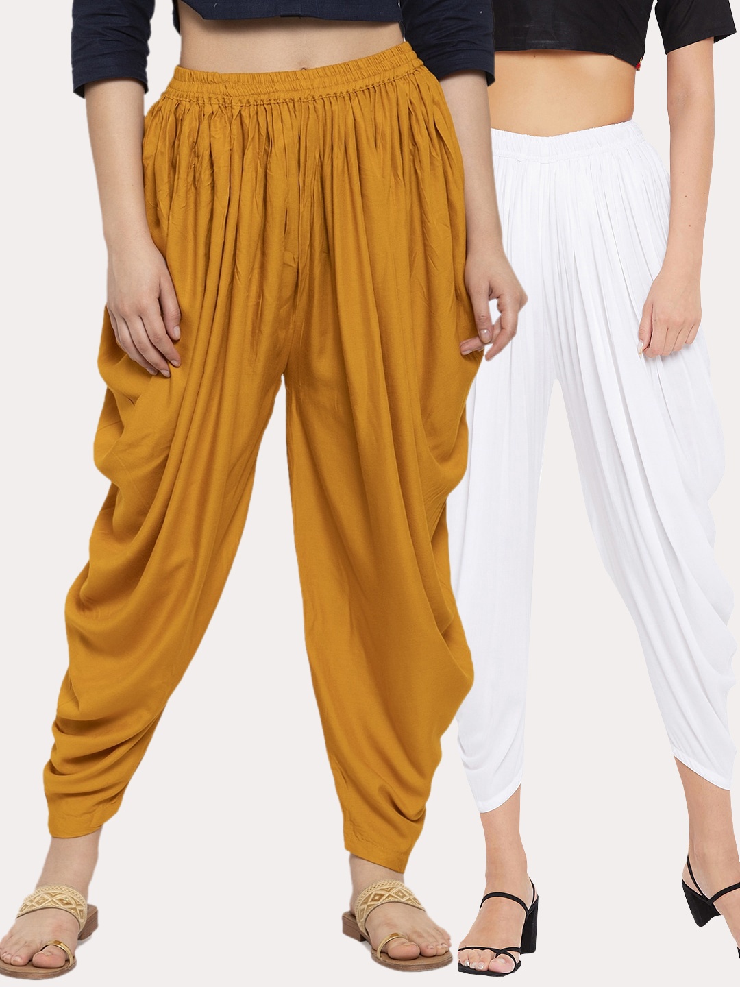 

Clora Creation Women Pack Of 2 Mustard & White Solid Dhoti Salwars