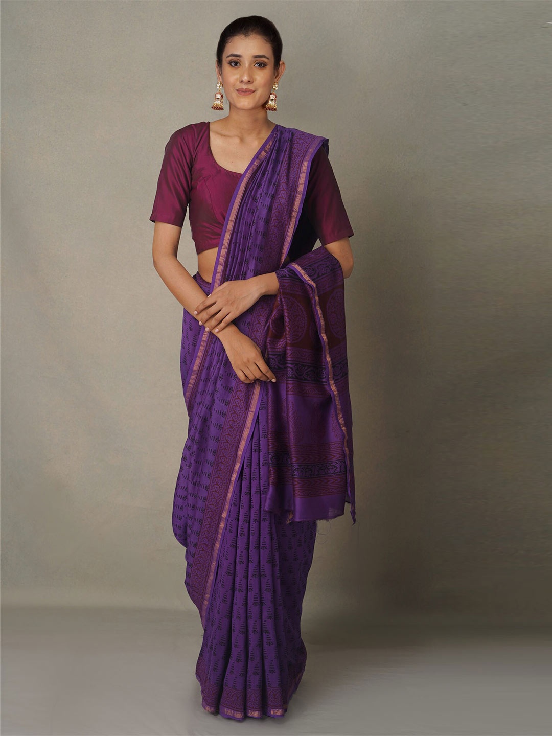 

Unnati Silks Purple Bagh Zari Pure Cotton Chanderi Saree