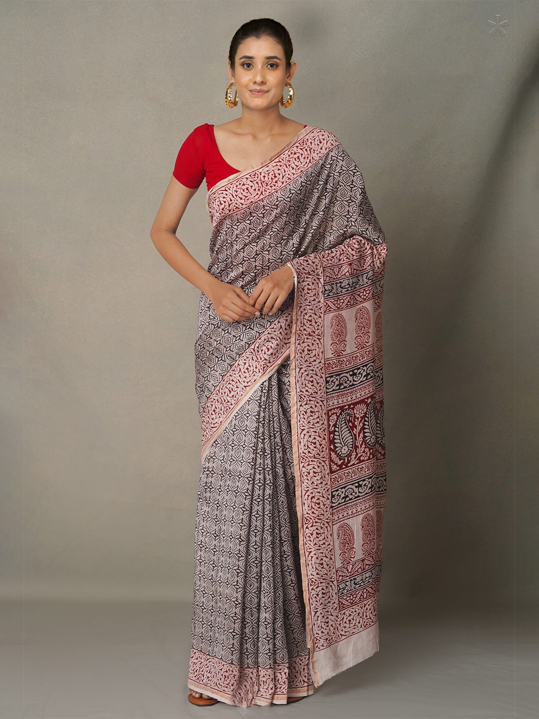 

Unnati Silks Women Beige & Maroon Bagh Pure Cotton Chanderi Saree