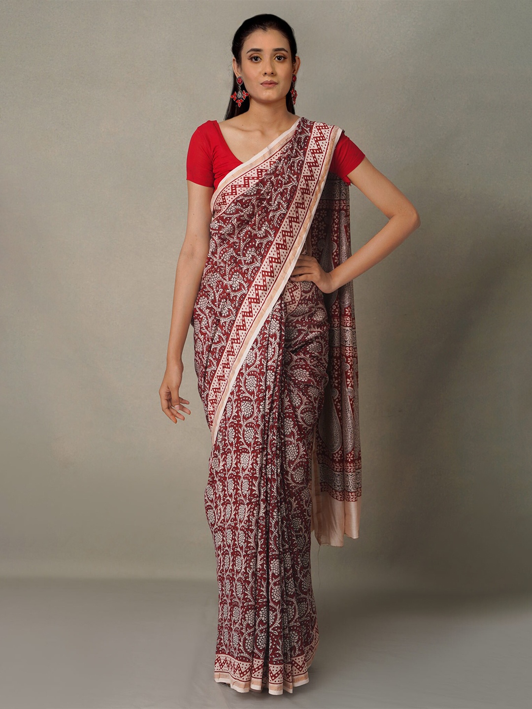 

Unnati Silks White & Maroon Bagh Pure Cotton Chanderi Saree