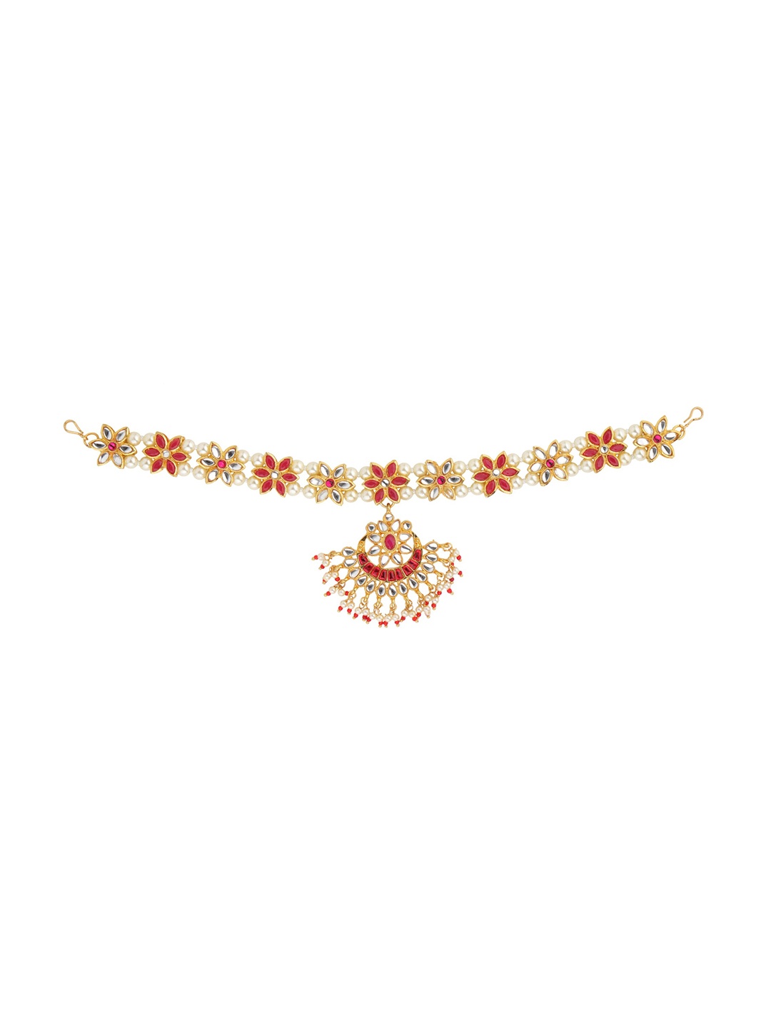 

Sanjog Gold-Plated Red Kundan Studded Sheeshphool Matha Patti