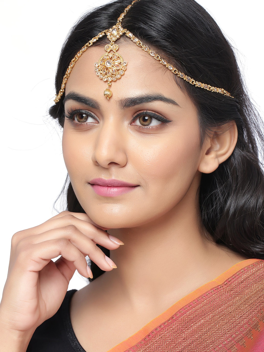 

Sanjog Gold-Plated White Kundan Studded Matha Patti Head Chain