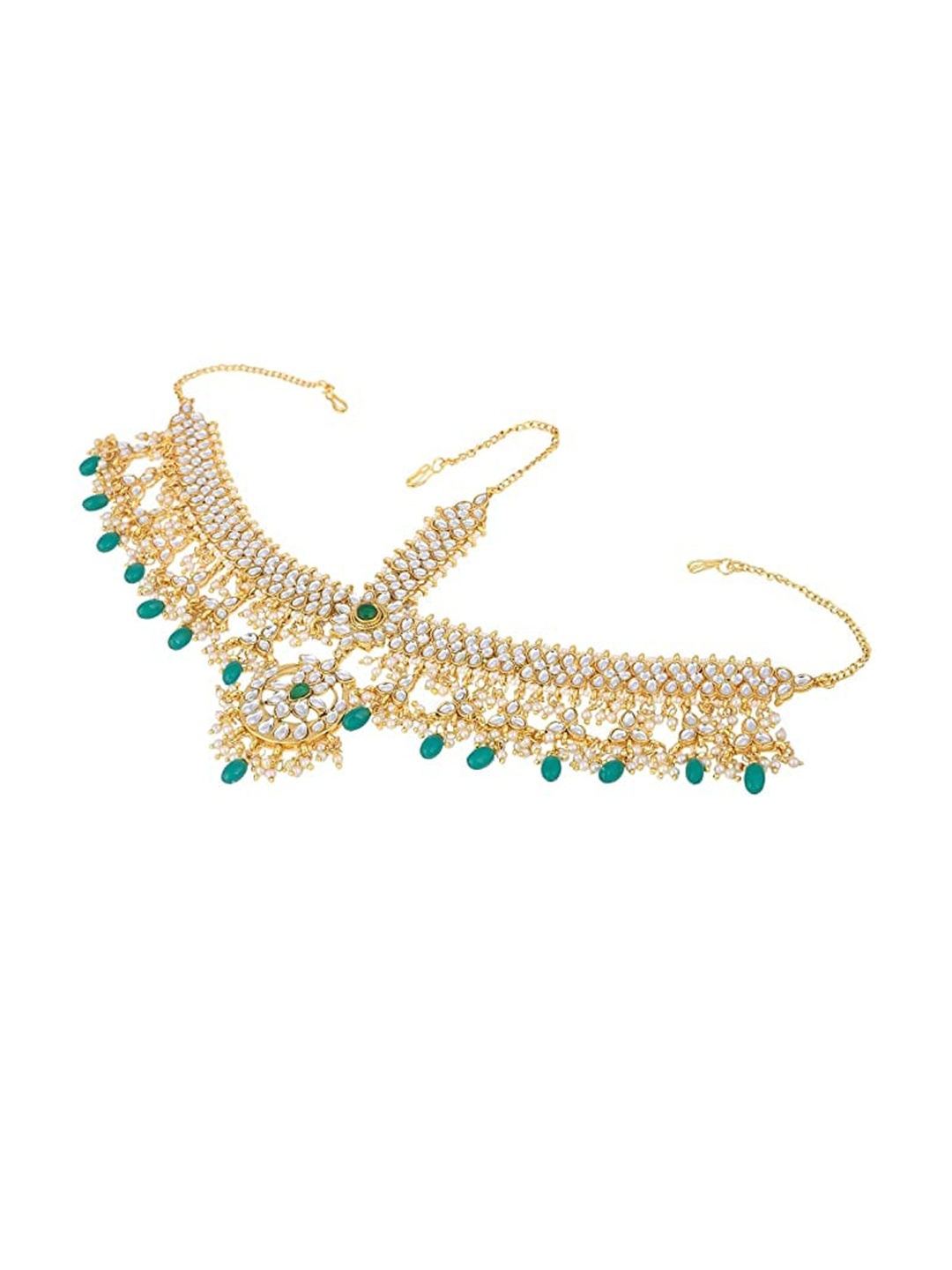 

Sanjog Women Gold-Plated Green Kundan Studded & Beaded Bridal Matha Patti