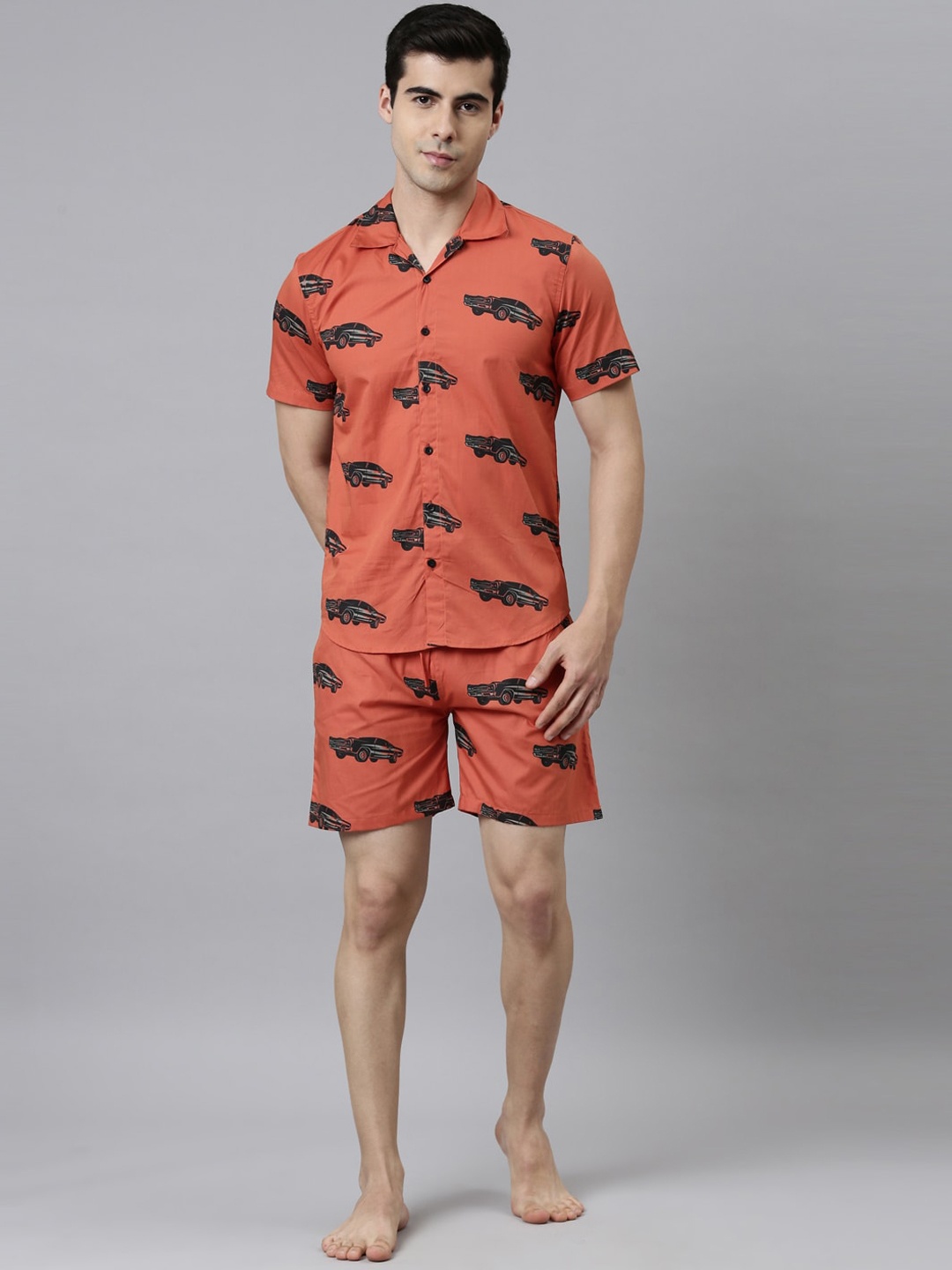 

TRUNDZ Men Orange & Black Printed Night suit